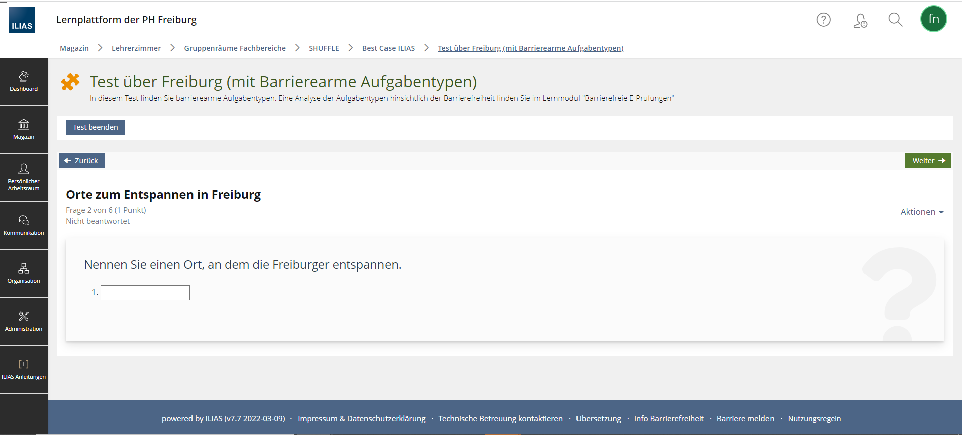 Screenshot eines ILIAS-Tests mit einer Begriffe benennen-Aufgabe. Die Aufgabe lautet: Nennen Sie einen Ort, an dem die Freiburger entspannen.