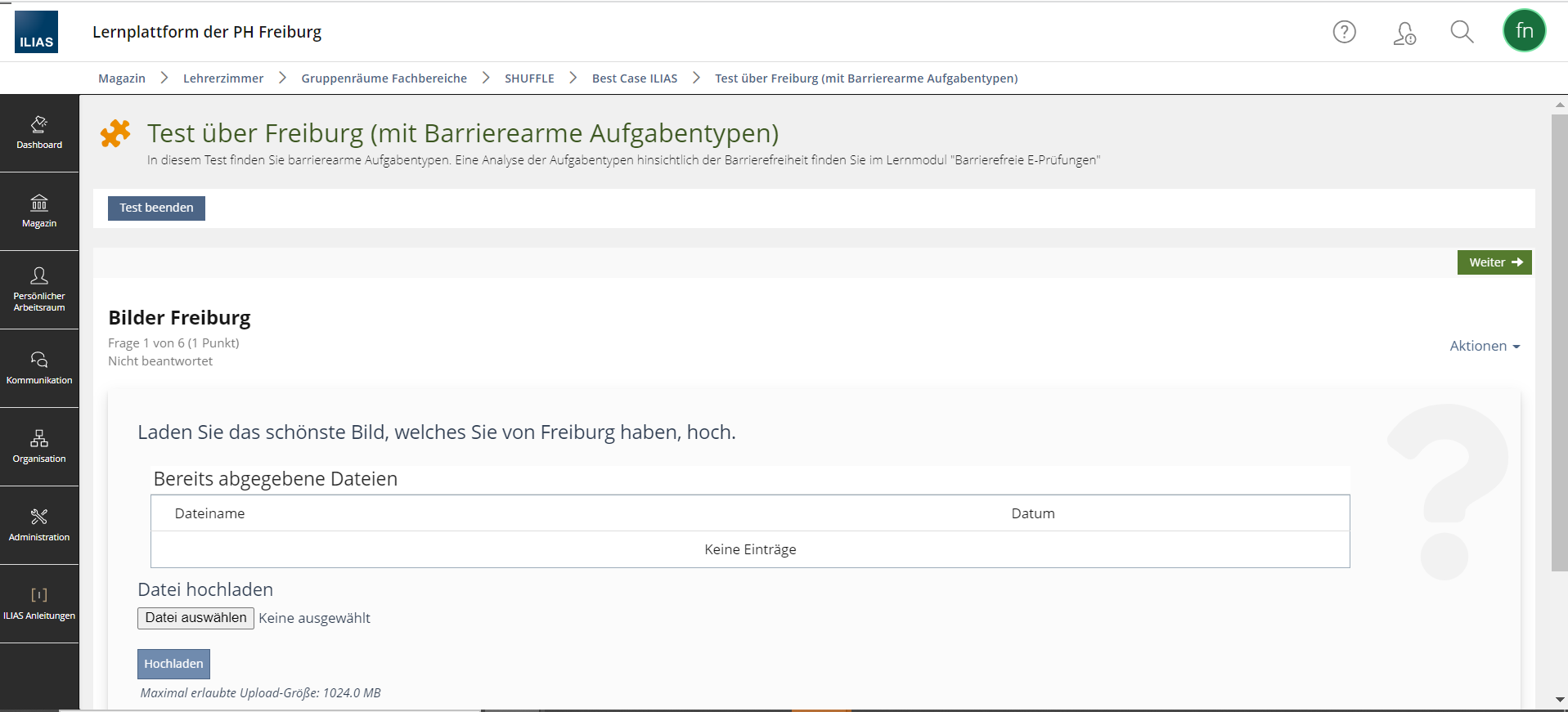 Screenshot eines ILIAS Tests mit einer Datei hochladen-Aufgabe. Die Aufgabe lautet: Laden Sie das schönste Bild, welches Sie von Freiburg haben, hoch.