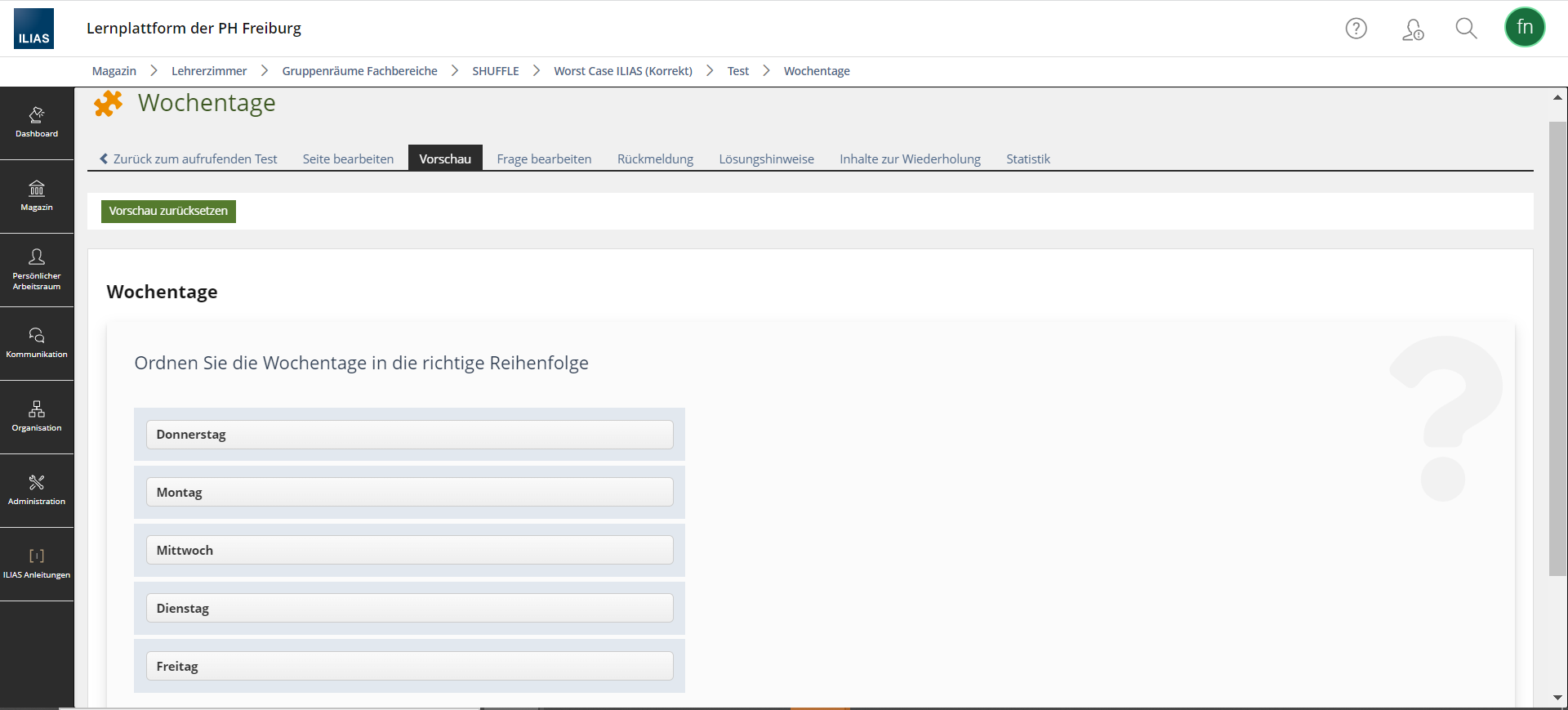 Screenshot einer Anordnungsfrage bei ILIAS