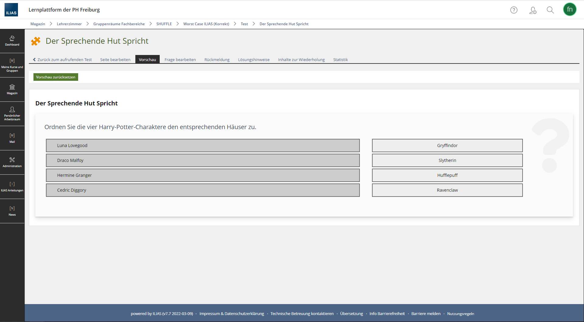 Screenshot einer Zuordnungsfrage bei ILIAS bei der Harry Potter Charaktere dem entsprechenden Haus in Hogwarts zugeordnet werden müssen. 