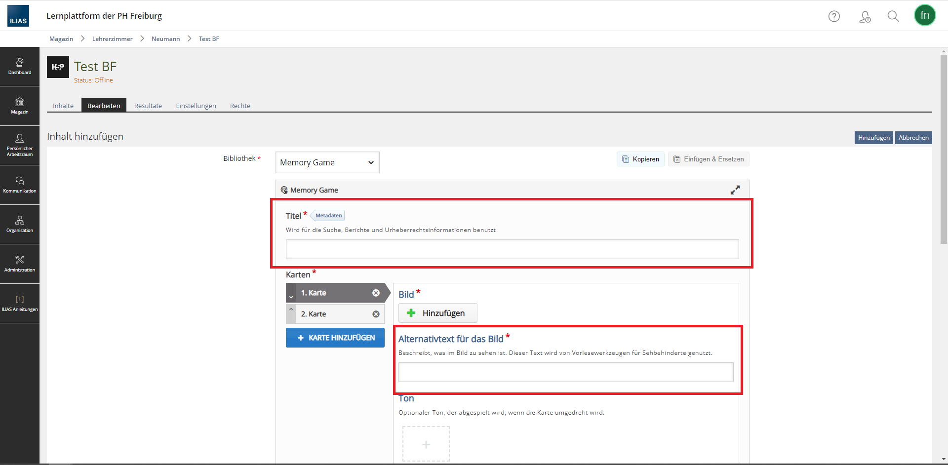 Screenshot des H5P Inhaltsmenüs auf ILIAS.