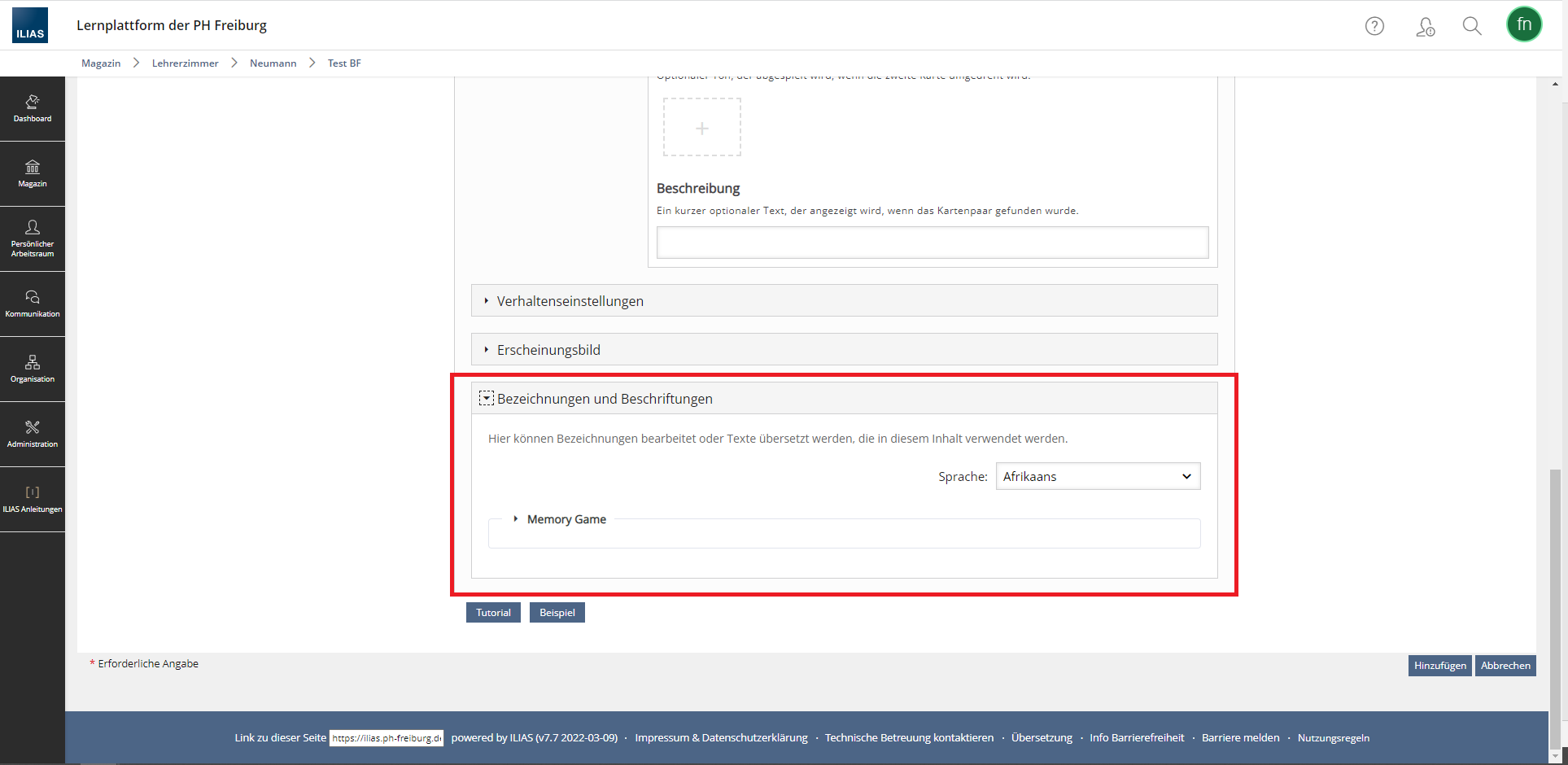 Screenshot des H5P Inhaltsmenüs in ILIAS mit dem geöffneten Unterpunkt "Bezeichnungen und Beschriftungen". 