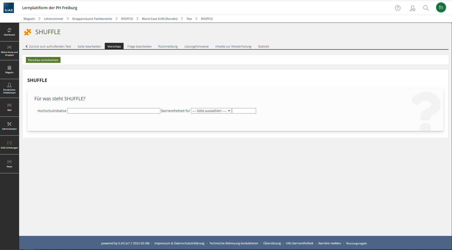 Screenshot einer Lückentextfrage in ILIAS. Die Frage lautet: Für was steht SHUFFLE?. 