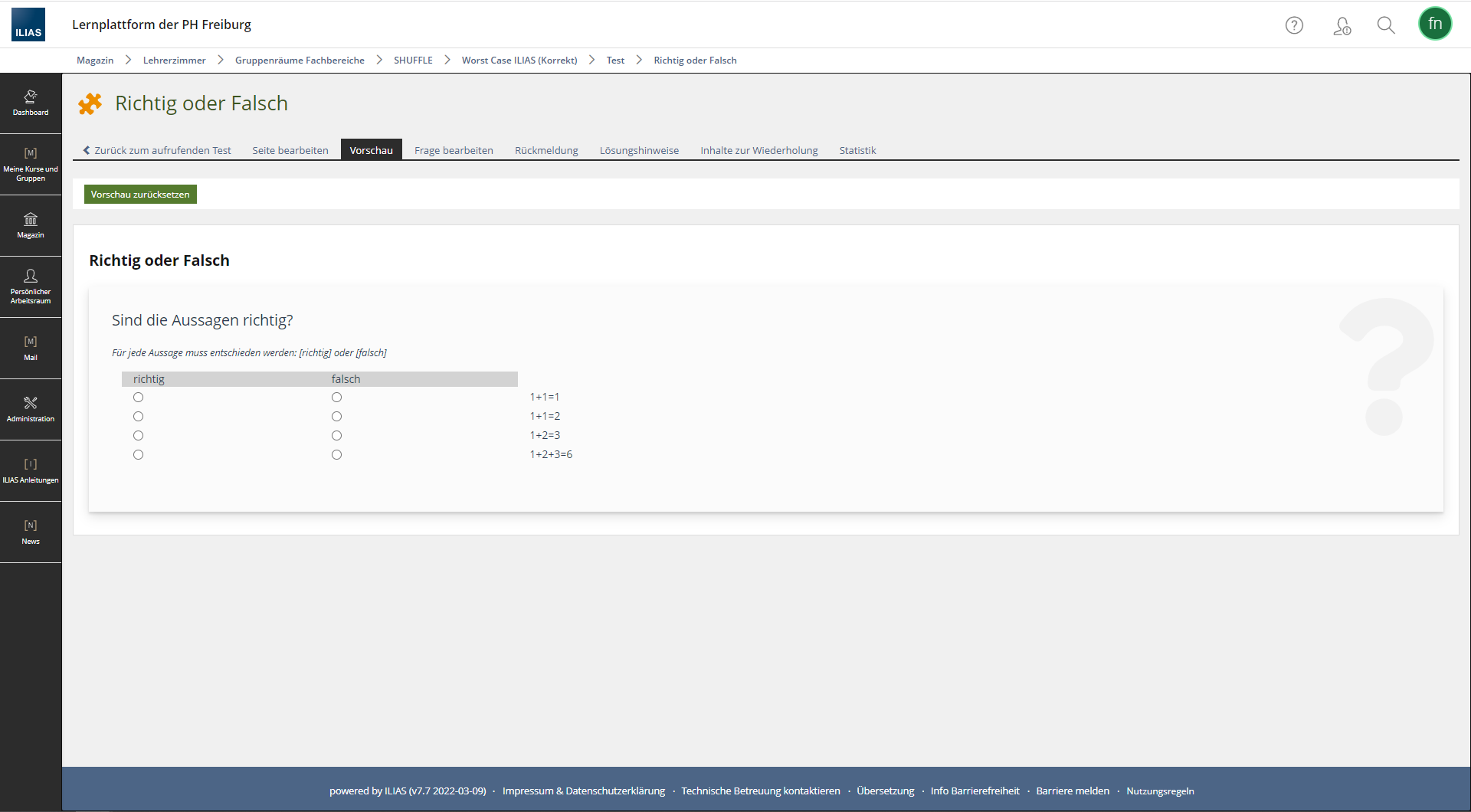 Screenshot einer Kprim Choice Frage in ILIAS. Es sind vier verschiedene Rechenaufgaben samt Lösungen angezeigt, über die entschieden werden muss, ob sie richtig oder falsch sind. 