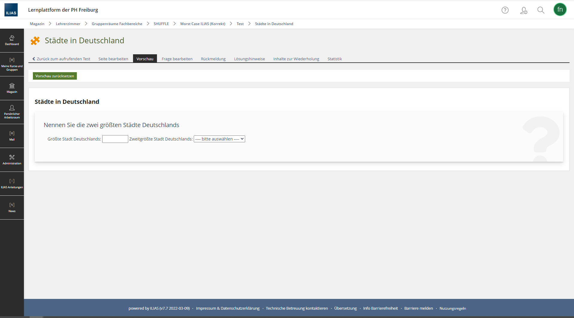 Screenshot einer Long Menu Frage in ILIAS. Die Frage lautet: Nennen Sie die zwei größten Städte Deutschlands. 
