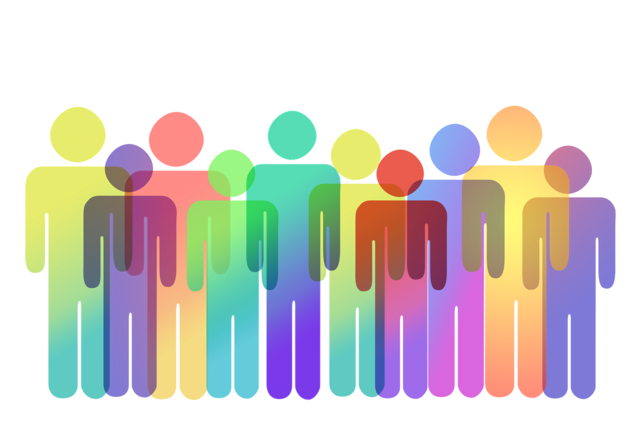 Auf dem Bild sind zehn Silhouetten von verschiedenfarbig bunten Figuren, die wie Menschen aussehen. Sie stehen in einer Reihe und überlappen. Die Farben sind nicht deckend sondern leicht durchsichtig.