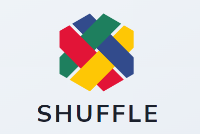 Das Logo des SHUFFLE Projektes. Es besteht aus vier länglichen Pentagonen die ineinander verwoben sind. Sie haben die Farben gelb, rot, grün und blau. Darunter ist das Wort SHUFFLE zu lesen.